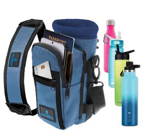 Blue Water Bottle Holder Carrier Bottle Cooler w Adjustable Shoulder Strap and Front Pockets Suitable for 16 oz to 25oz Bottles Carry Protect Ins